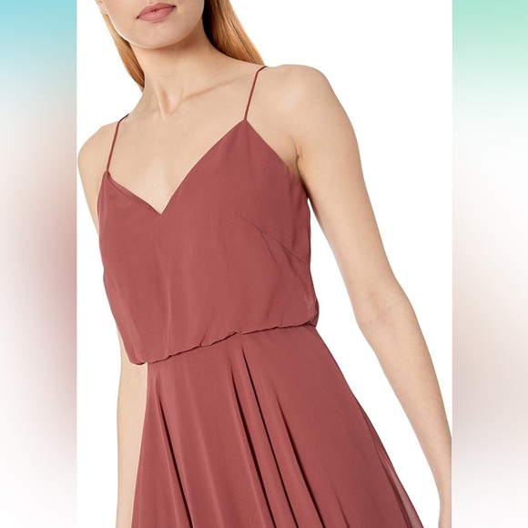 Jenny Yoo Inesse Thin Strap V Neck Long Chiffon Gown Cinnamon Rose - Picture 3 of 11